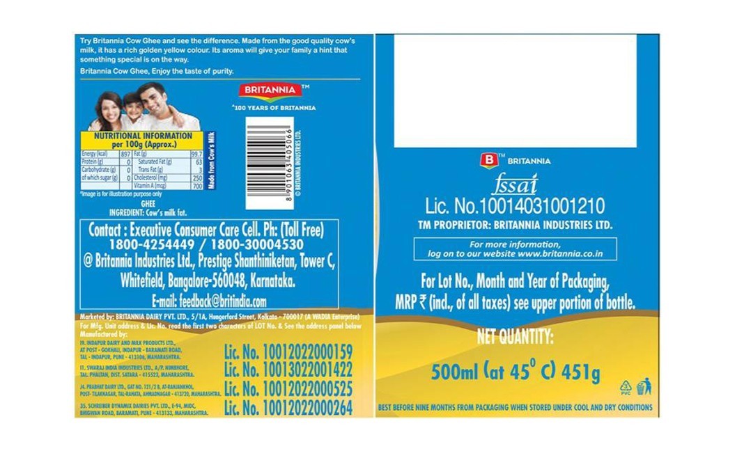 Britannia Pure Cow Ghee    Plastic Jar  500 millilitre